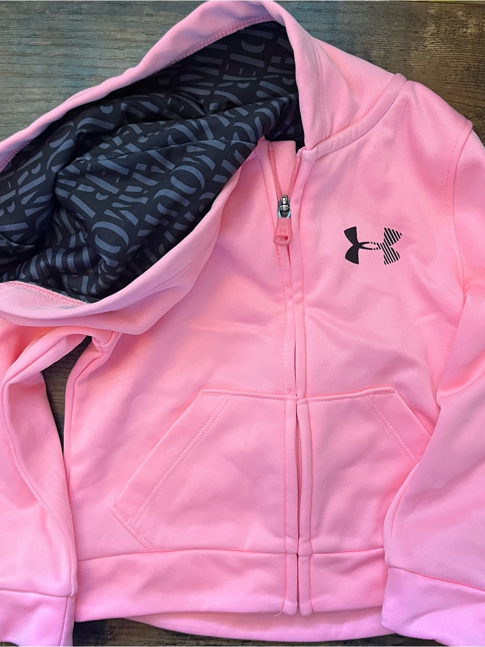 Under Armour Girls Pink Full Zip Hoodie with Black Printed Hood Lining